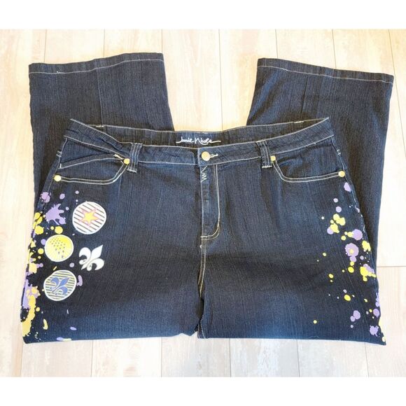 Jamie Nicole 20 Blue Jeans Dark Wash Paint & Patch‎ Boot Cut Pockets NEW - Picture 1 of 11